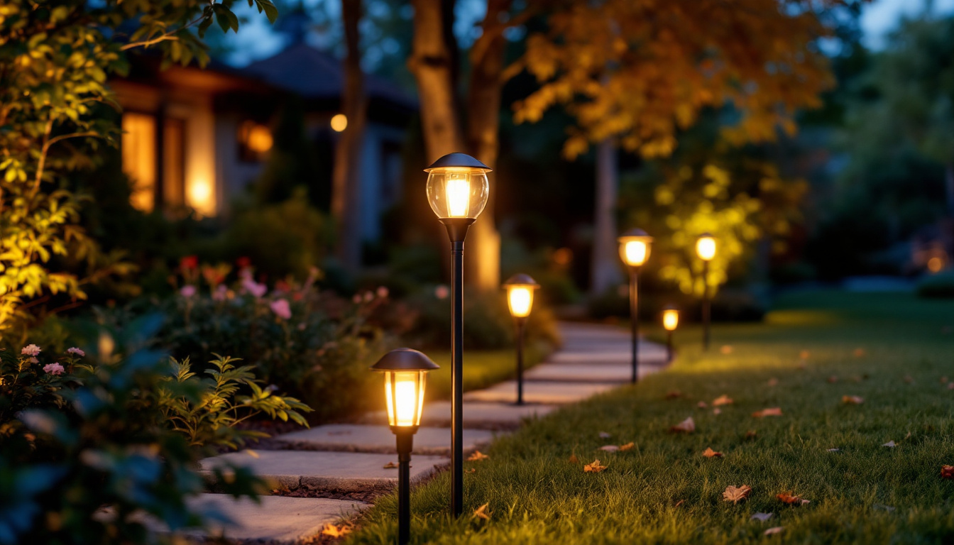 A photograph of capture a photograph of a beautifully illuminated yard featuring stylish pole-mounted lights