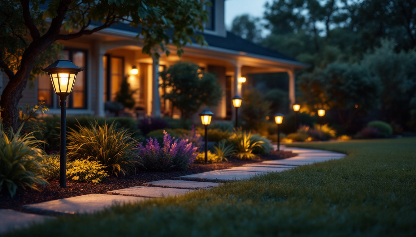 A photograph of a beautifully landscaped yard illuminated by various styles of solar lights at dusk