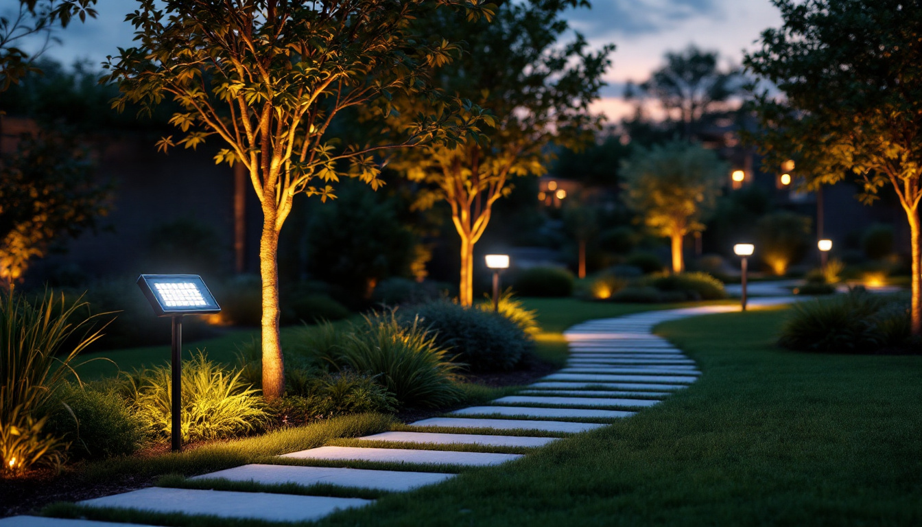 A photograph of a beautifully landscaped outdoor space illuminated by solar flood lights at dusk