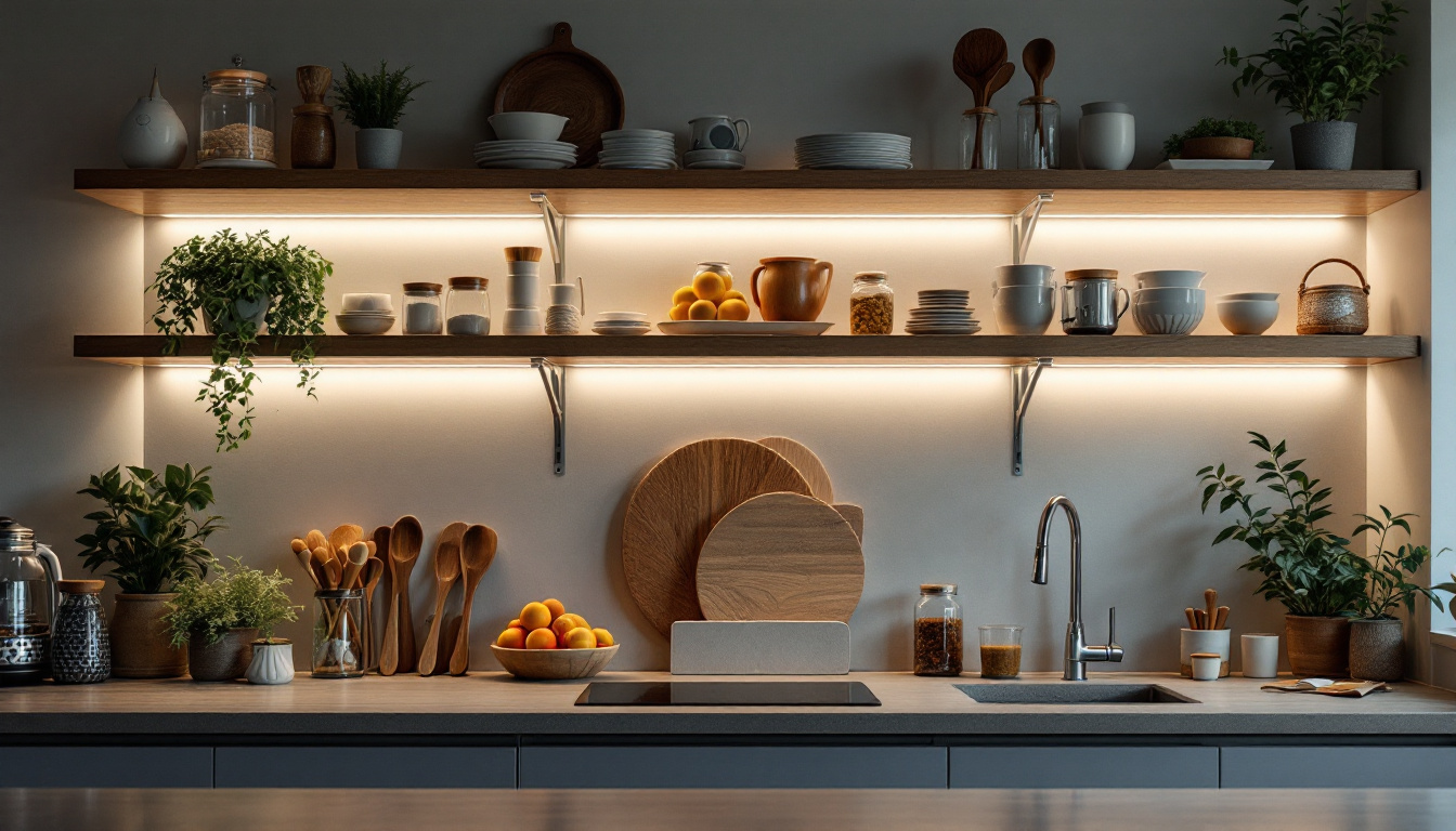 A photograph of a beautifully arranged kitchen or workspace featuring stylish under-shelf lighting that highlights the shelves' contents