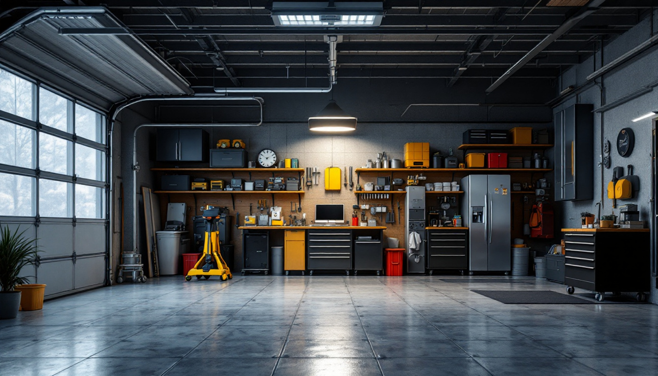A photograph of a modern led garage lamp illuminating a spacious garage interior