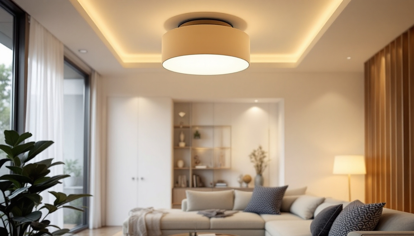 A photograph of a stylish flush mount ceiling light fixture installed in a well-lit