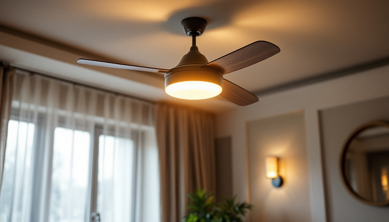 A photograph of a stylish decorative ceiling fan in a well-lit room