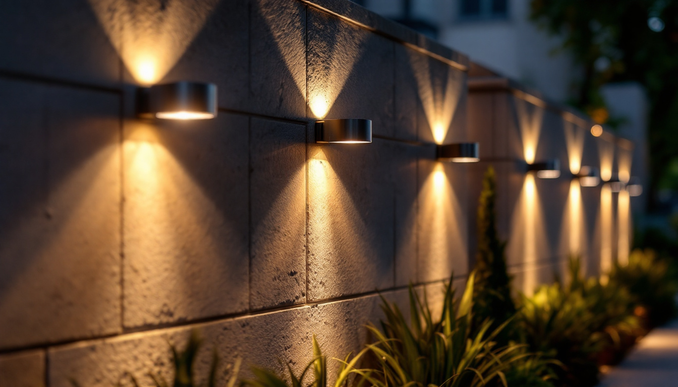 A photograph of a beautifully lit exterior wall showcasing various styles of outdoor lighting fixtures