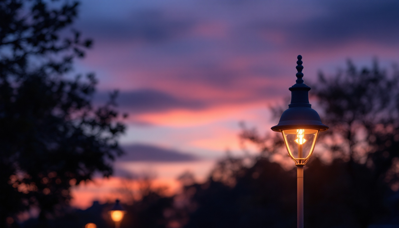 A photograph of a beautifully illuminated pole light at dusk