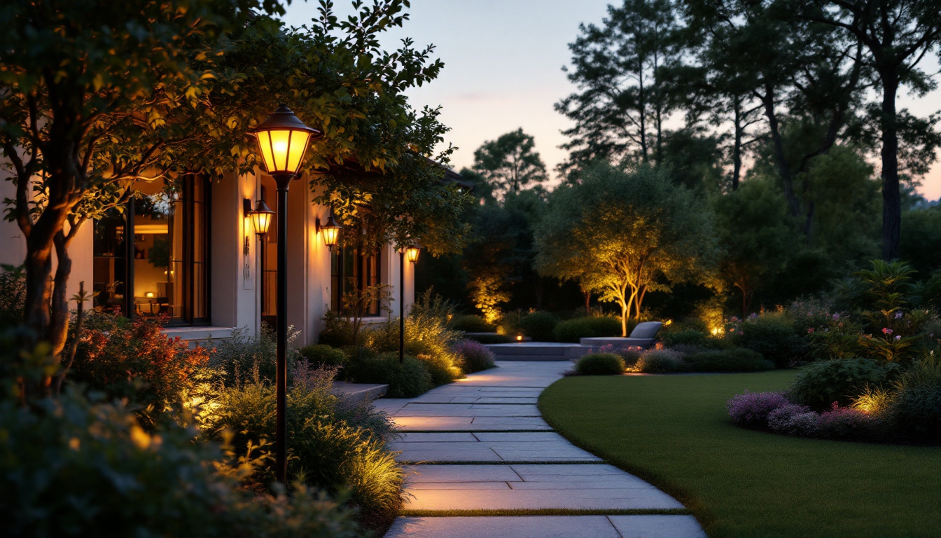 A photograph of capture a photograph of an aesthetically pleasing yard illuminated by stylish pole lights at dusk