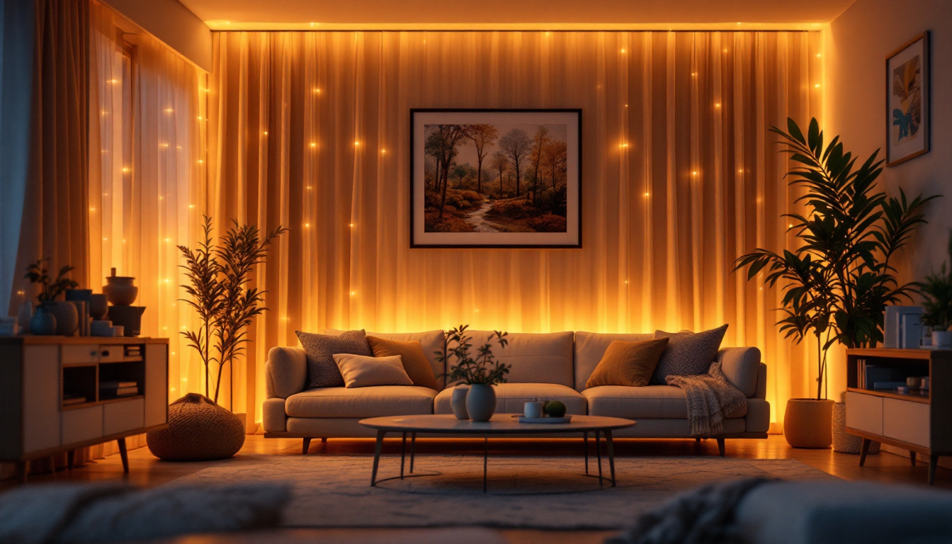 A photograph of a cozy living room illuminated by warm led house lights