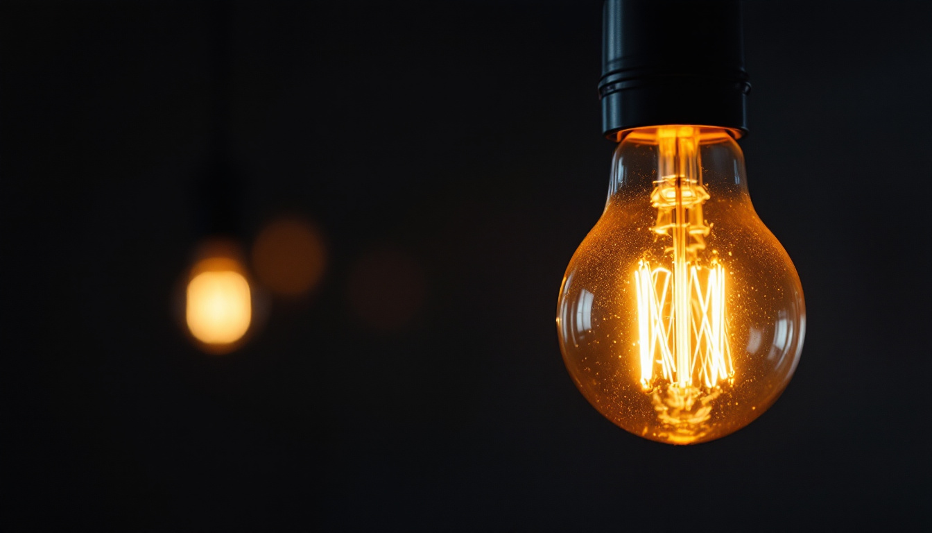 A photograph of a close-up shot of a blinking light bulb in a dimly lit environment