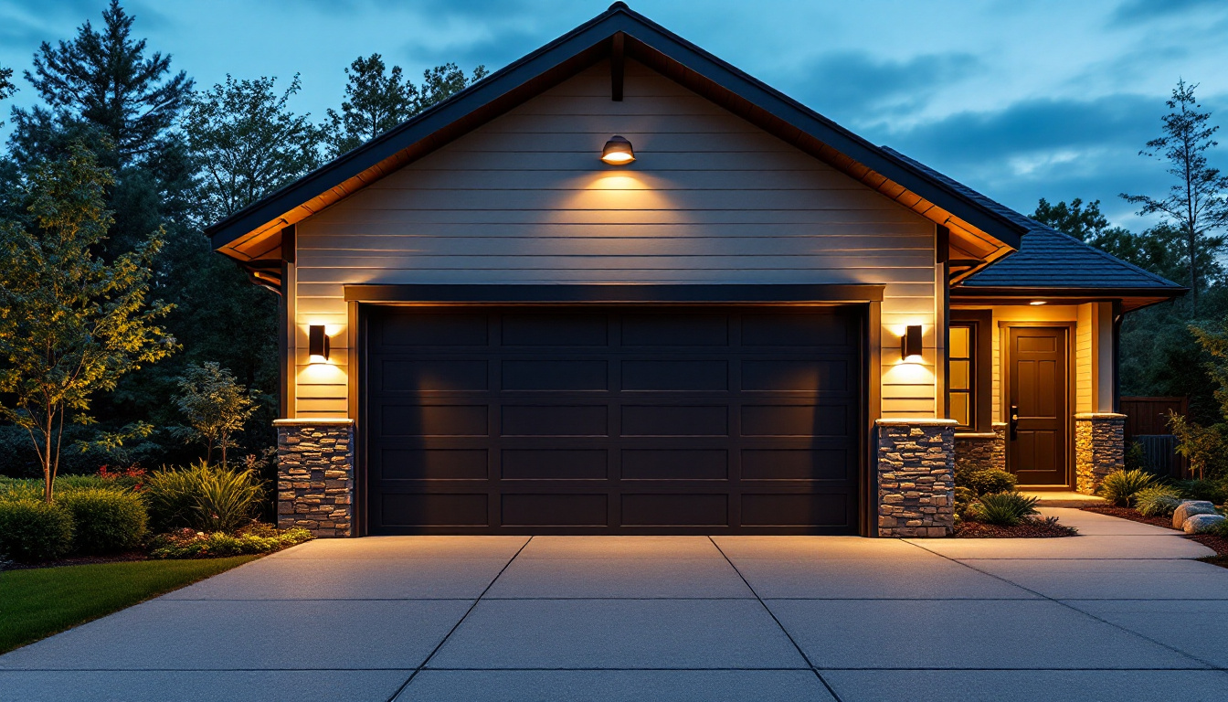 A photograph of a beautifully illuminated garage exterior at dusk