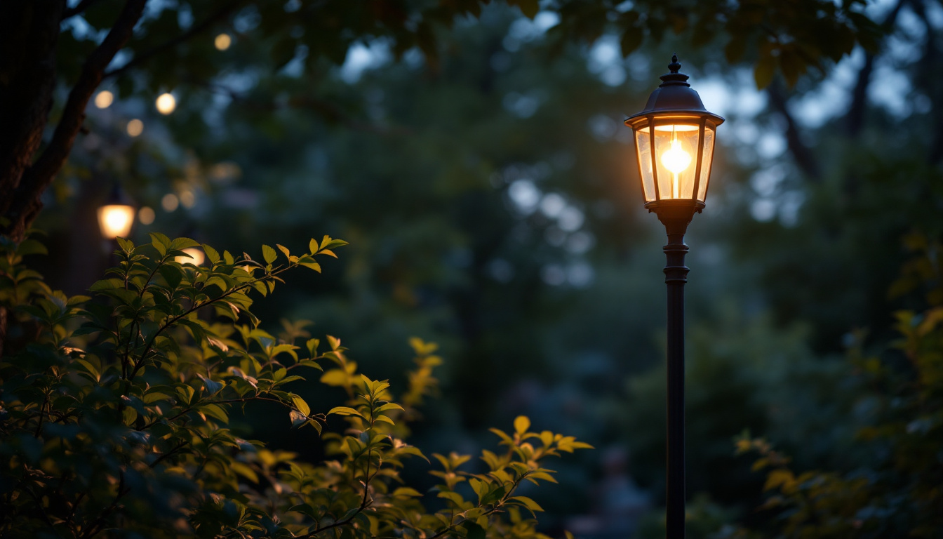 A photograph of capture a photograph of a beautifully designed outdoor pole lamp illuminating a cozy garden or patio setting during twilight