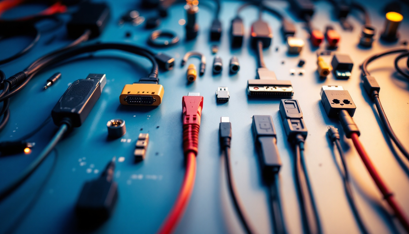 A photograph of a well-organized array of various wires and connectors