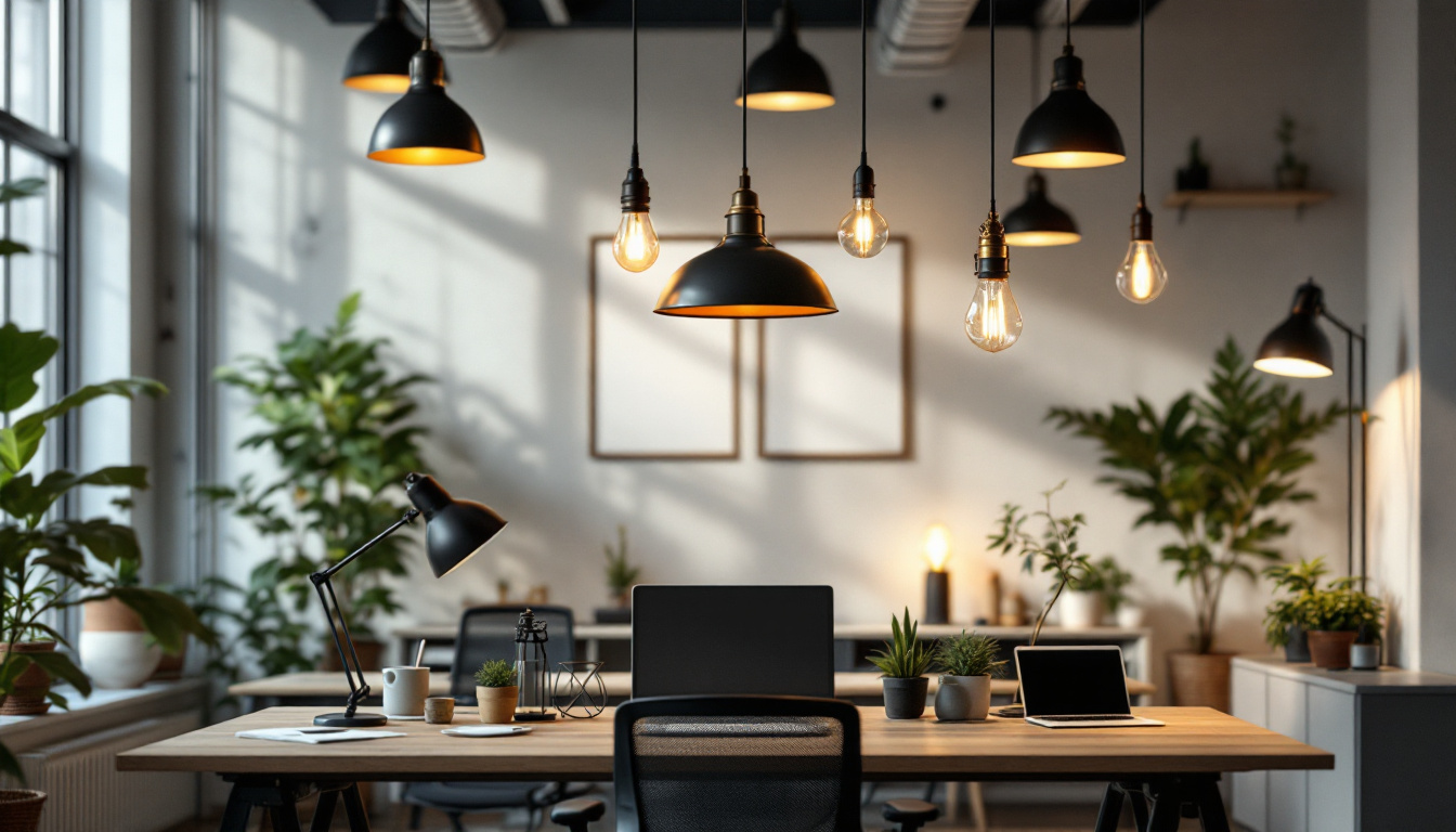 A photograph of a modern office space featuring a blend of historical and contemporary lighting designs