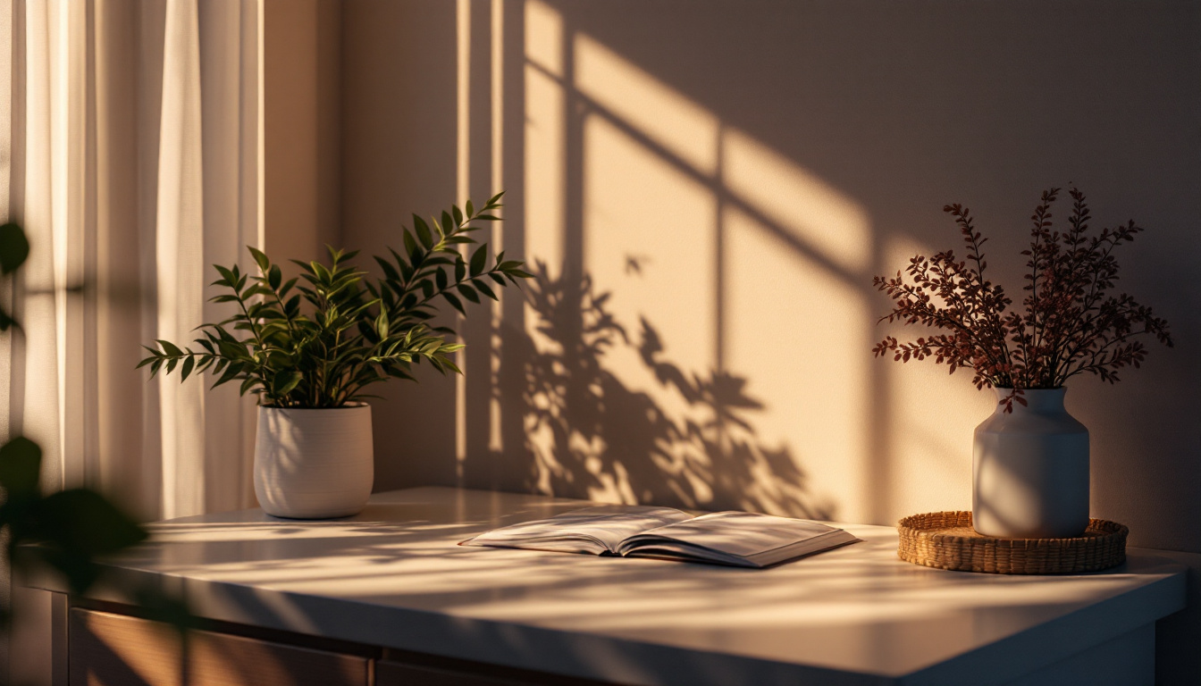 A photograph of a beautifully lit scene that showcases the interplay of natural and artificial light