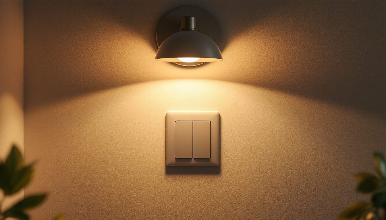 A photograph of a stylish light fixture installed above a double switch on a well-lit wall