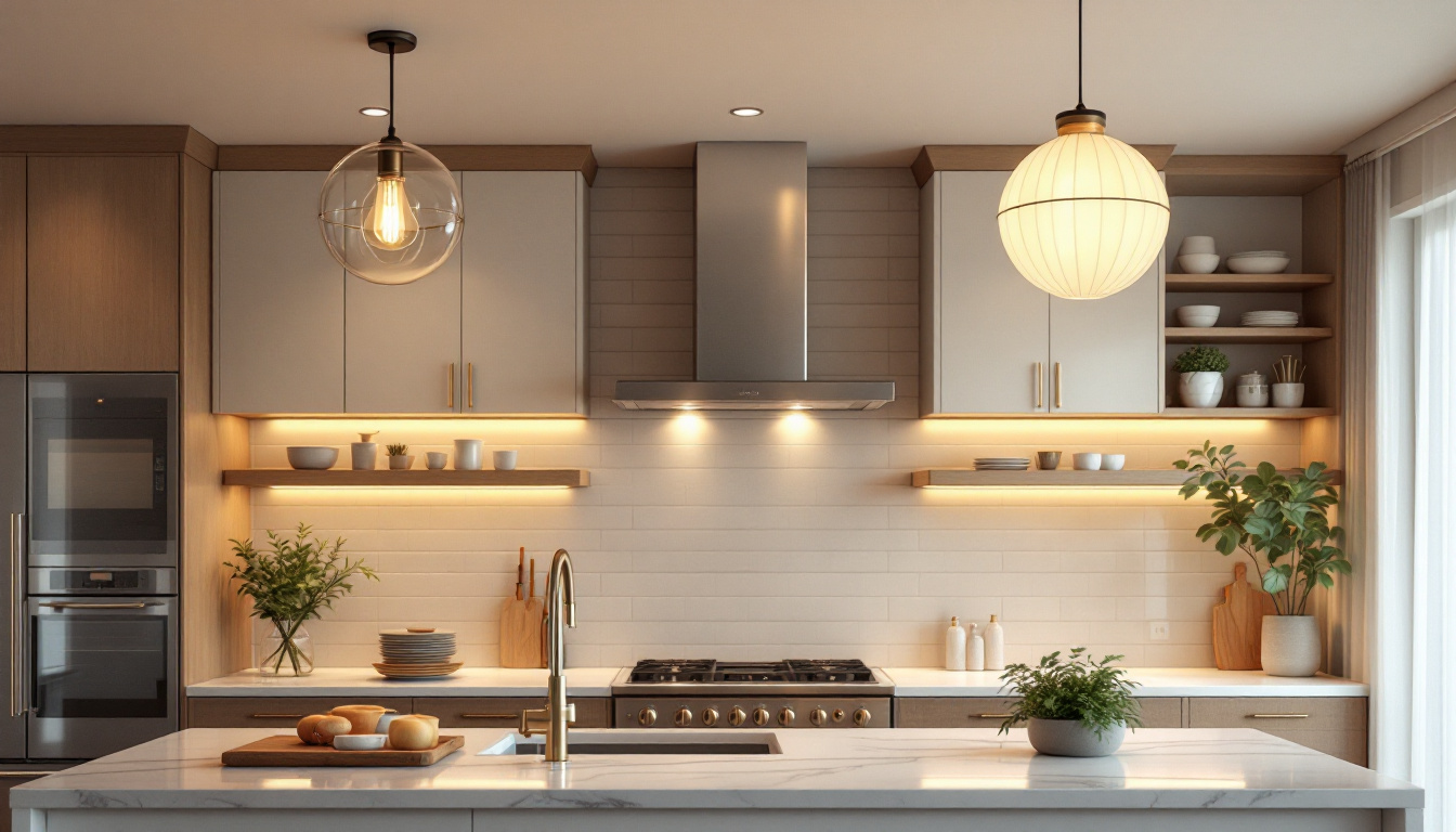 A photograph of a beautifully designed kitchen showcasing various ceiling lighting fixtures