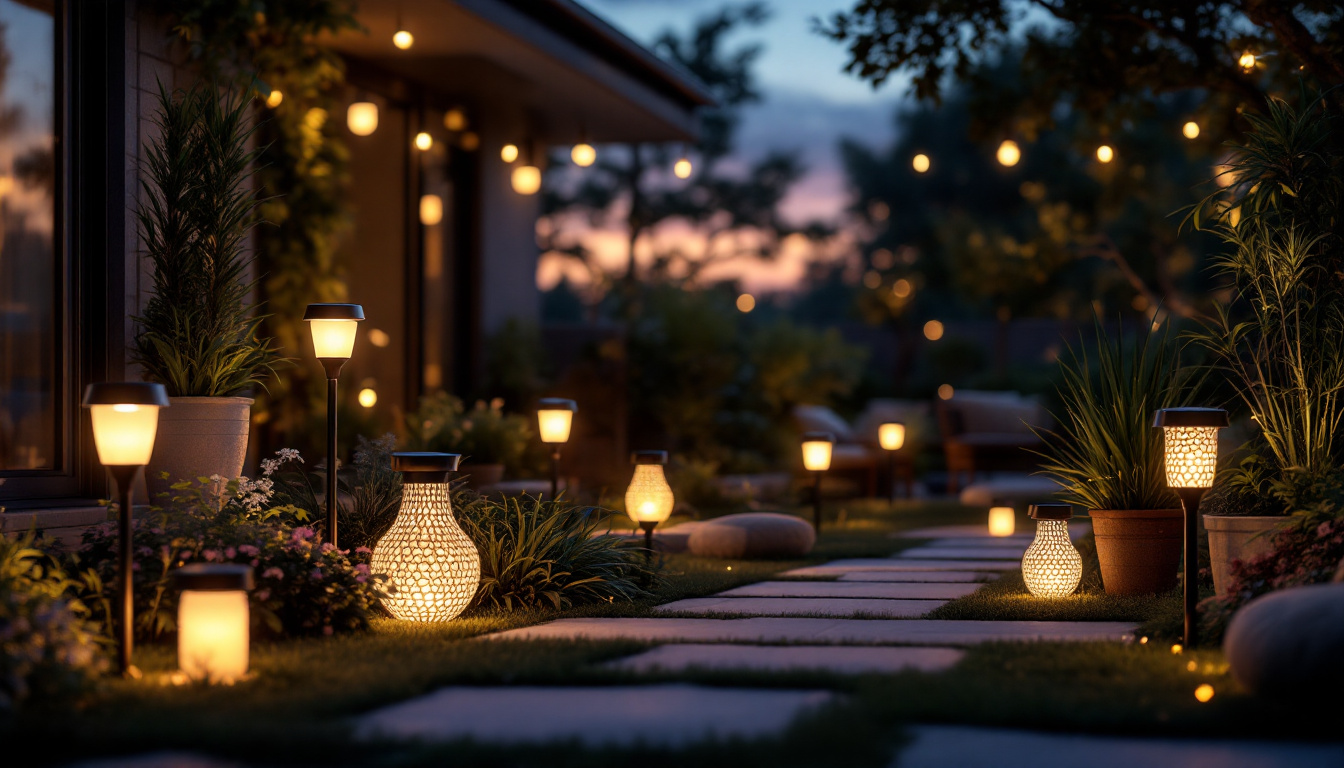 A photograph of a beautifully illuminated outdoor space featuring various styles of solar lights