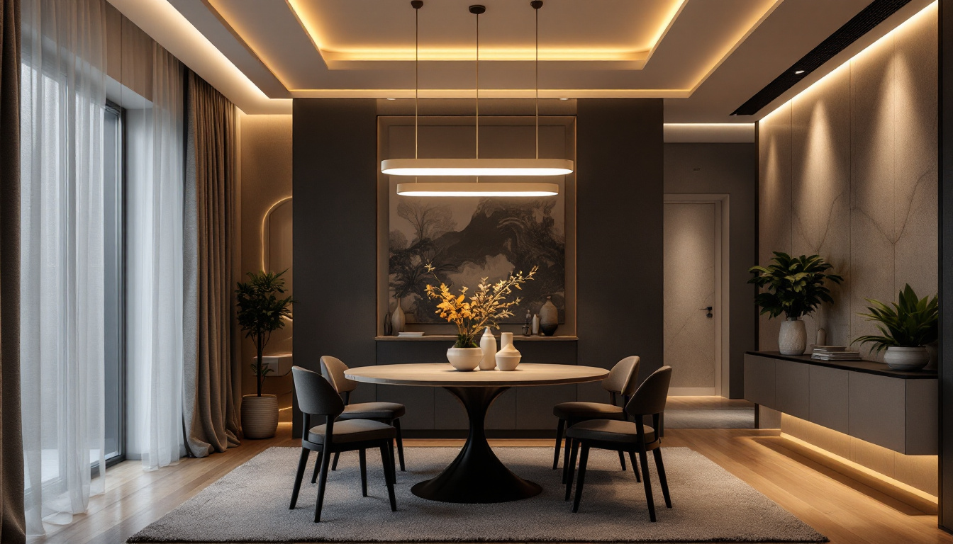 A photograph of a beautifully designed dining room featuring a stylish led flat ceiling light that highlights the space's elegance while showcasing a balance of affordability and quality in lighting design