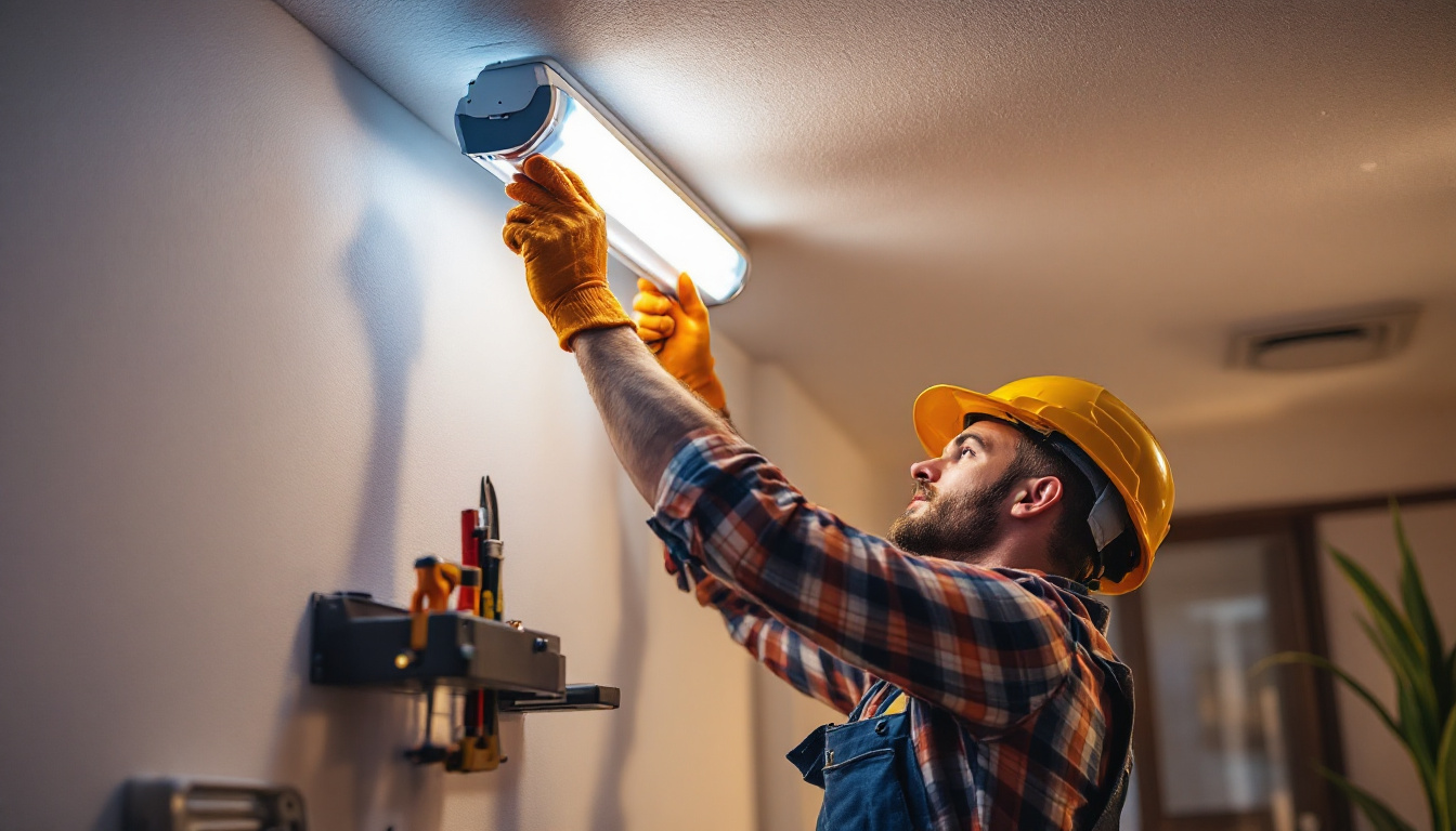 A photograph of a person skillfully replacing a fluorescent light fixture in a well-lit room