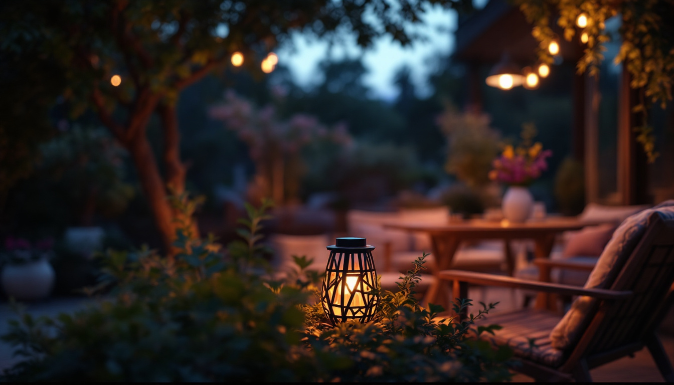 A photograph of a beautifully designed solar patio lamp illuminating a cozy outdoor setting at dusk