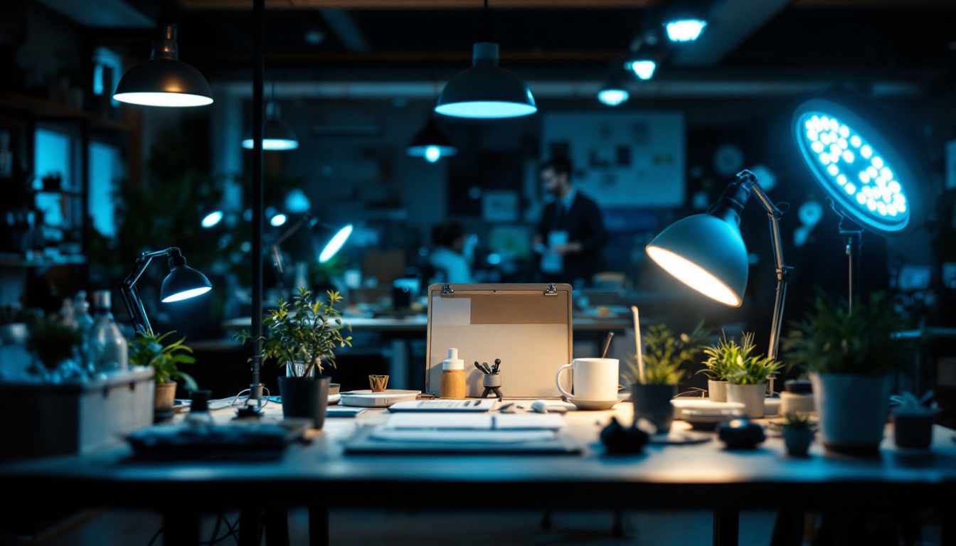 A photograph of a well-lit workspace featuring various led shop lights in use