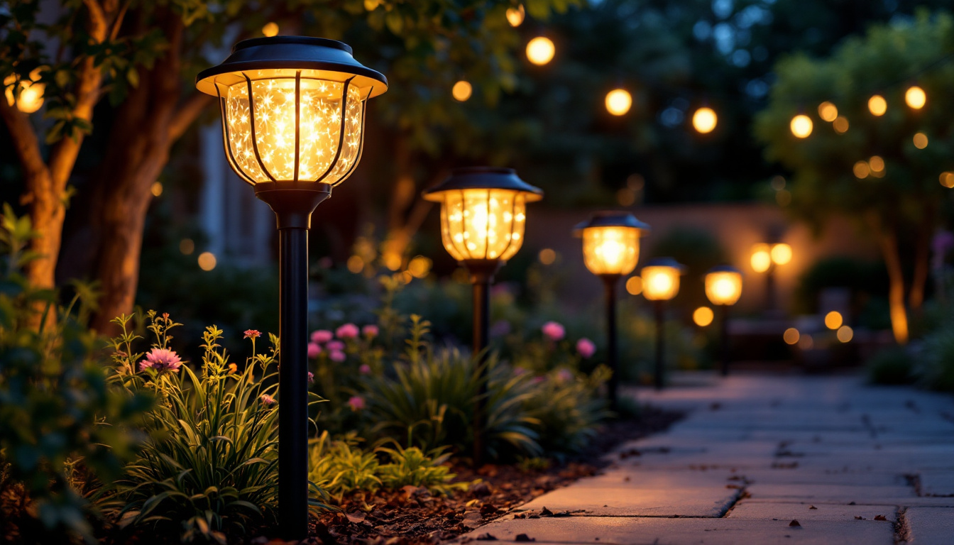 A photograph of a vibrant outdoor scene featuring a variety of solar lamps from walmart illuminating a garden or patio at dusk
