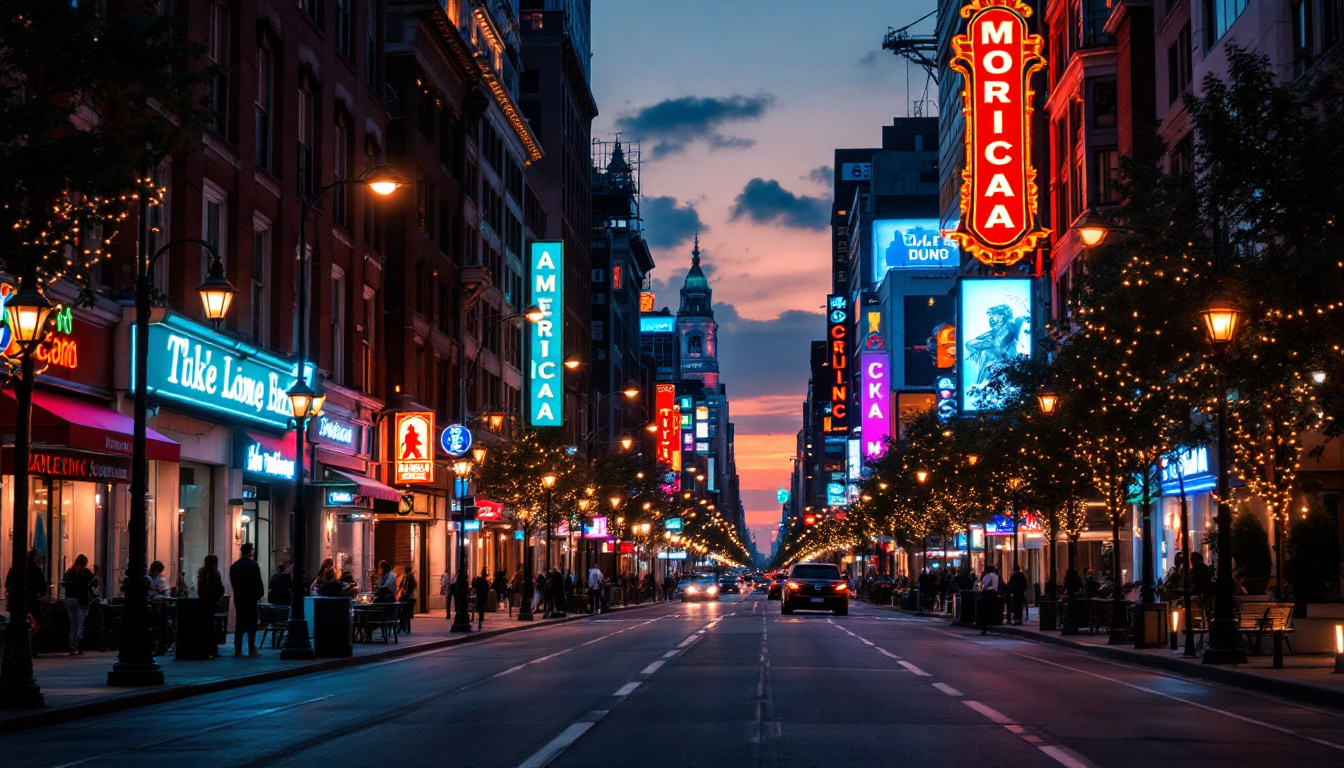 A photograph of a beautifully lit urban scene at dusk