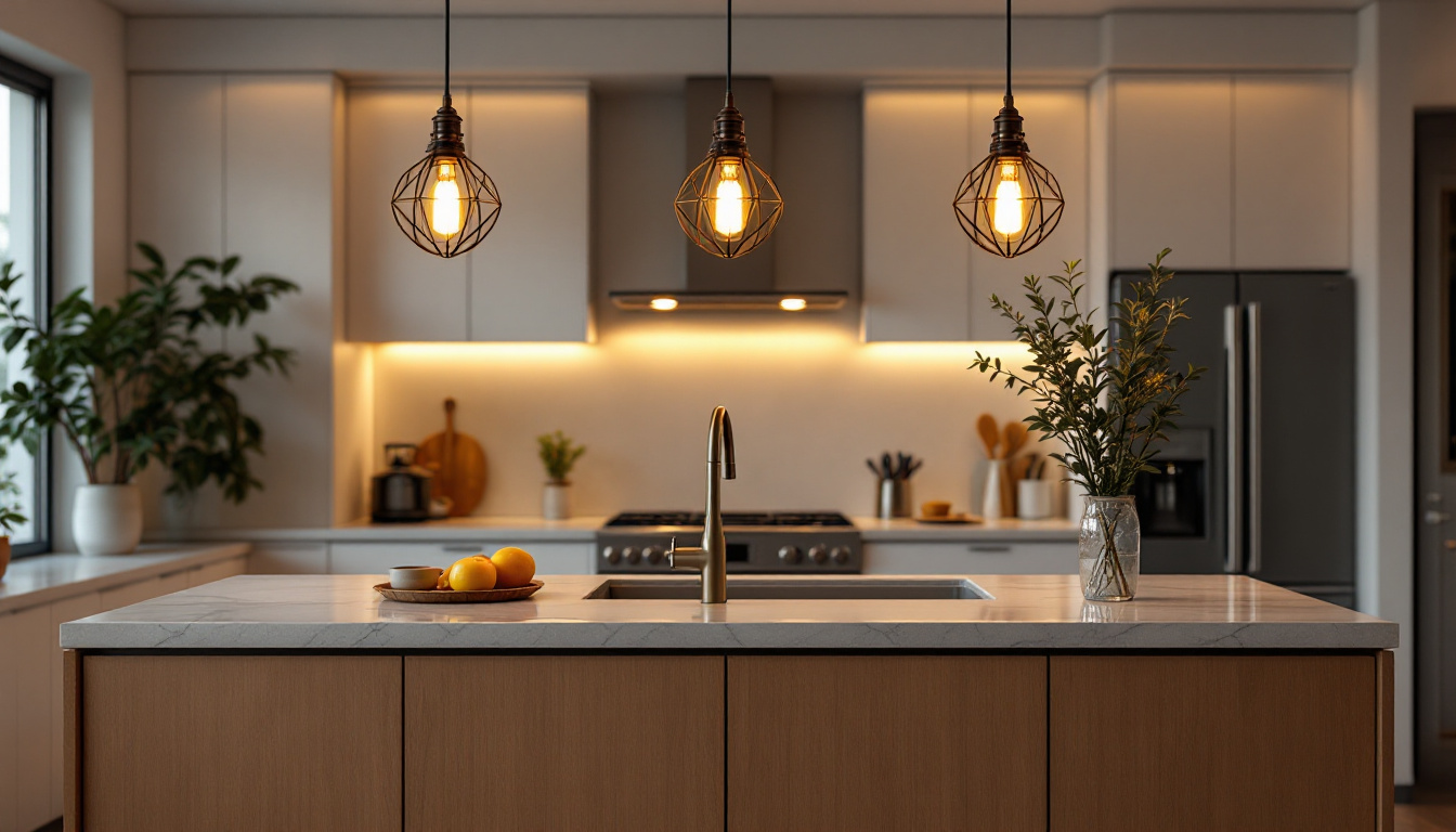 A photograph of capture a photograph of a beautifully designed kitchen island featuring an elegant light fixture that highlights the space