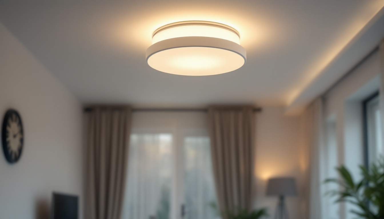 A photograph of capture a photograph of an elegant flush ceiling lamp in a well-lit room