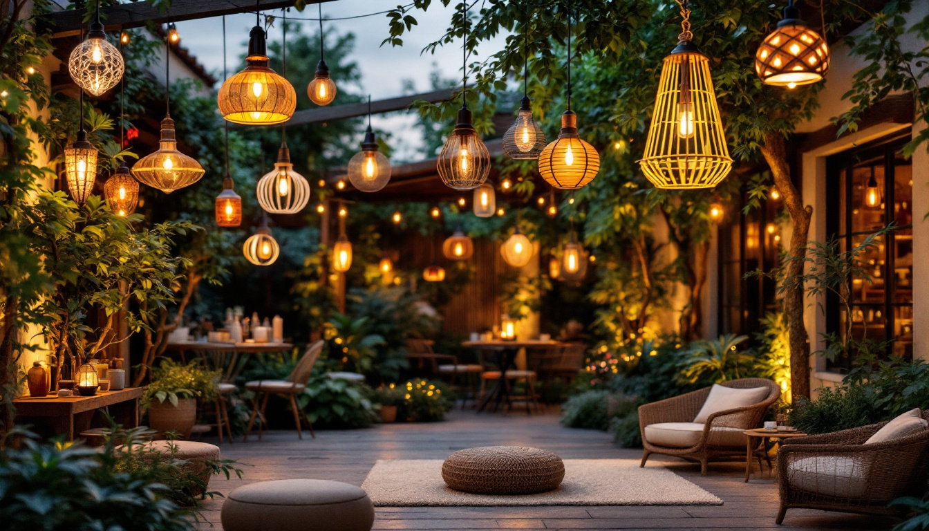 A photograph of a beautifully styled outdoor space featuring a variety of hanging lights