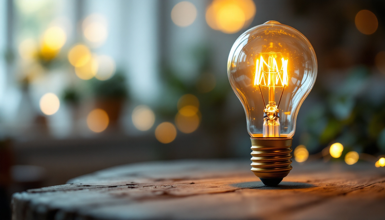 A photograph of a type a light bulb illuminated in a cozy indoor setting