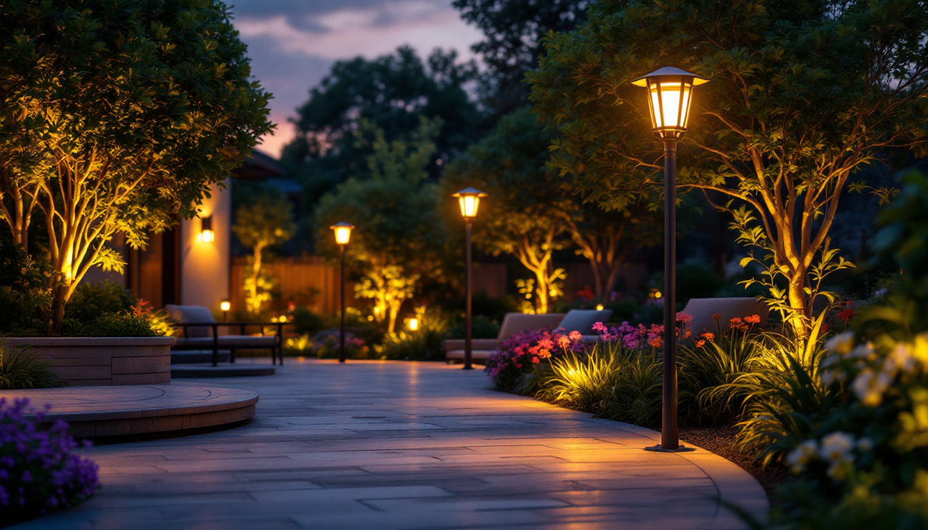 A photograph of a beautifully illuminated outdoor space showcasing various styles of post solar lighting fixtures in use during twilight