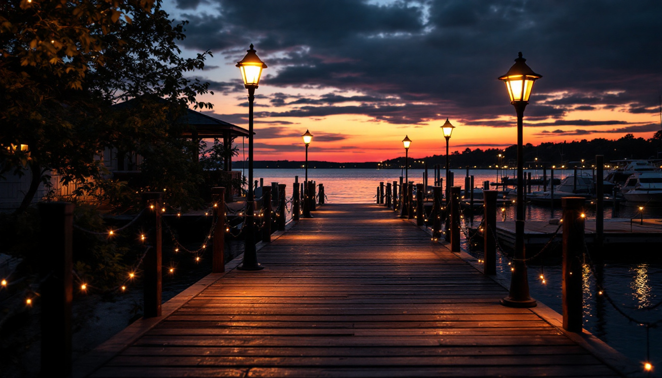A photograph of a well-lit dock scene during the golden hour