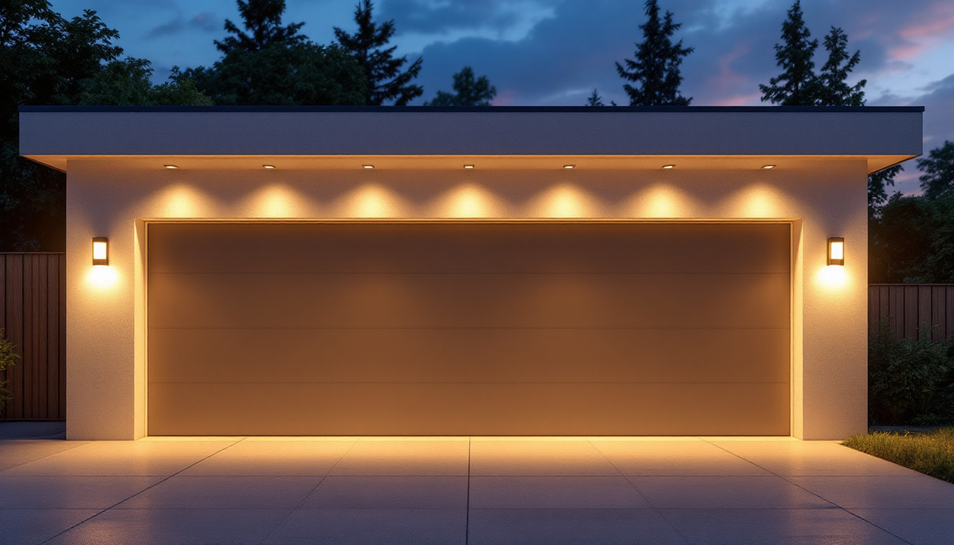 A photograph of a beautifully illuminated garage exterior at dusk