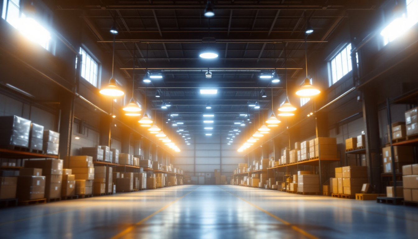 A photograph of a well-lit warehouse interior showcasing various types of lighting fixtures