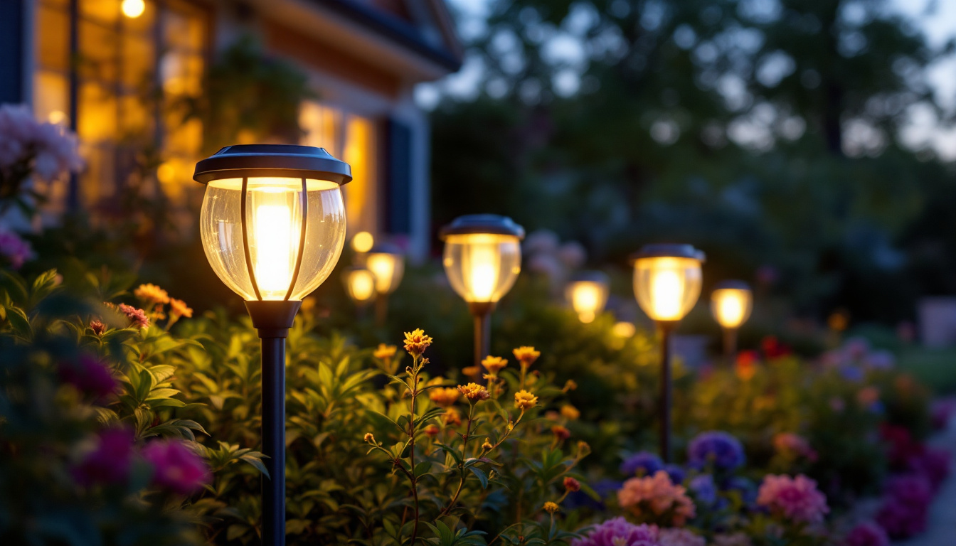 A photograph of a beautifully illuminated outdoor garden scene featuring various stylish solar garden lights in use during twilight