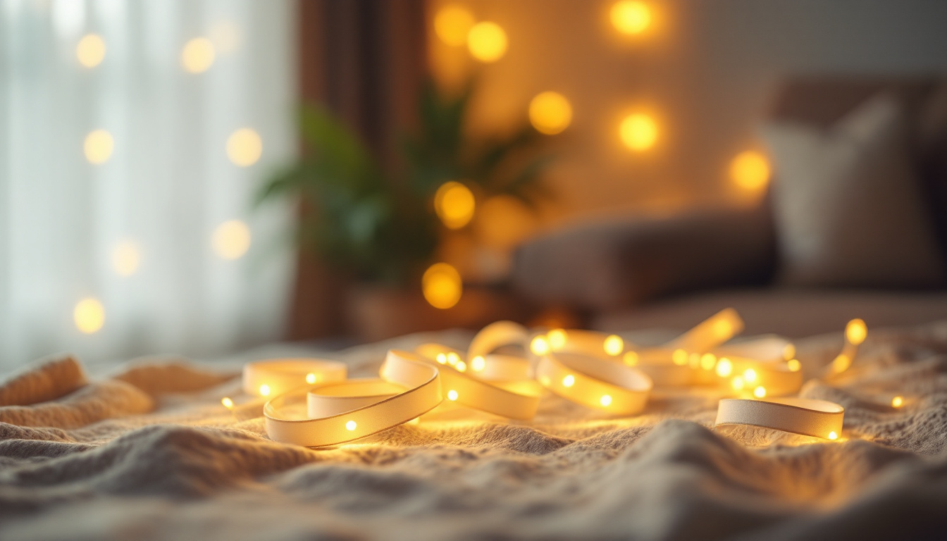 A photograph of a beautifully arranged tape light installation in a cozy setting
