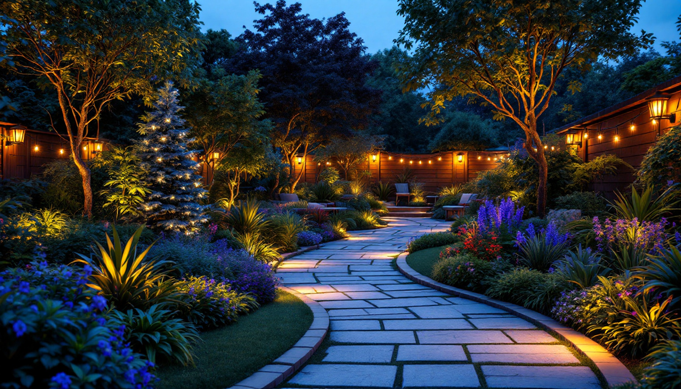 A photograph of a beautifully illuminated garden at dusk
