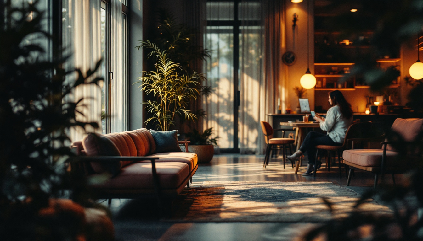 A photograph of a beautifully lit scene that showcases the interplay of natural and artificial light