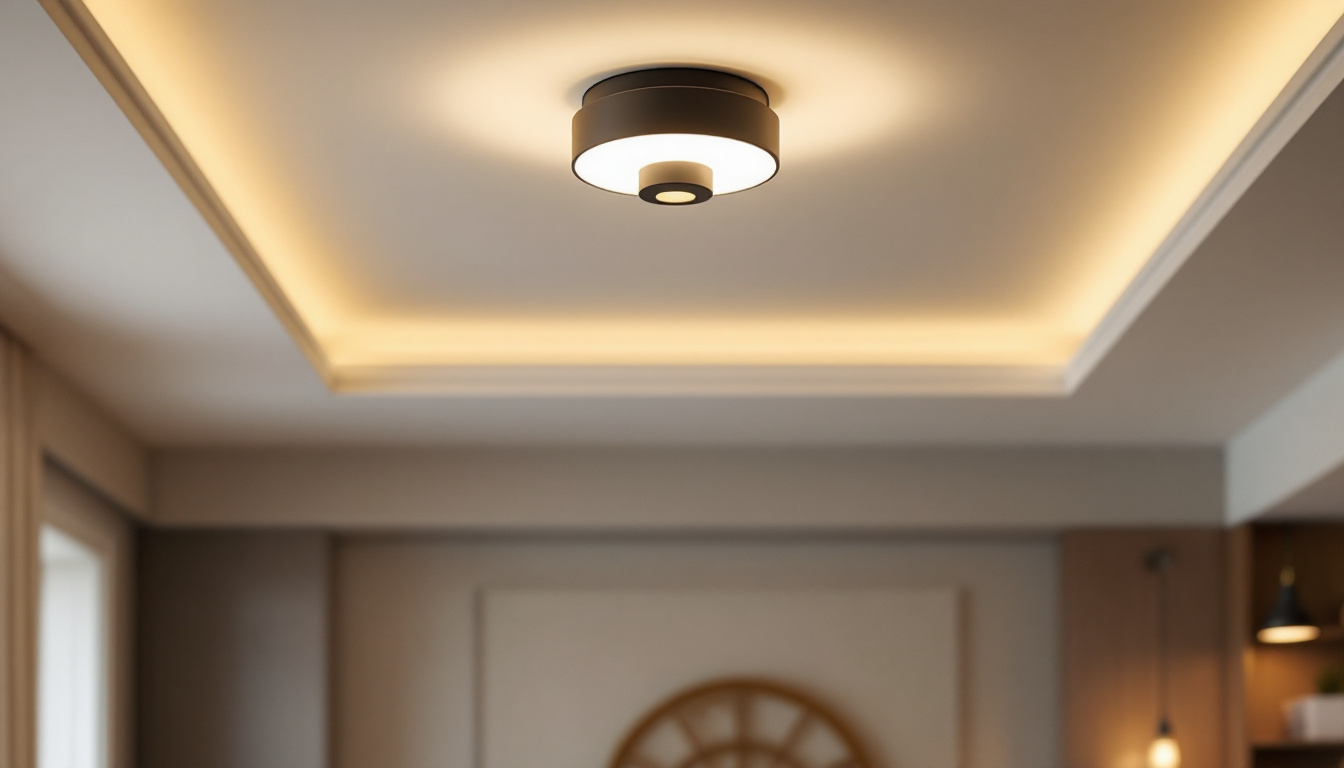 A photograph of a stylish modern ceiling light fixture in a well-decorated room setting