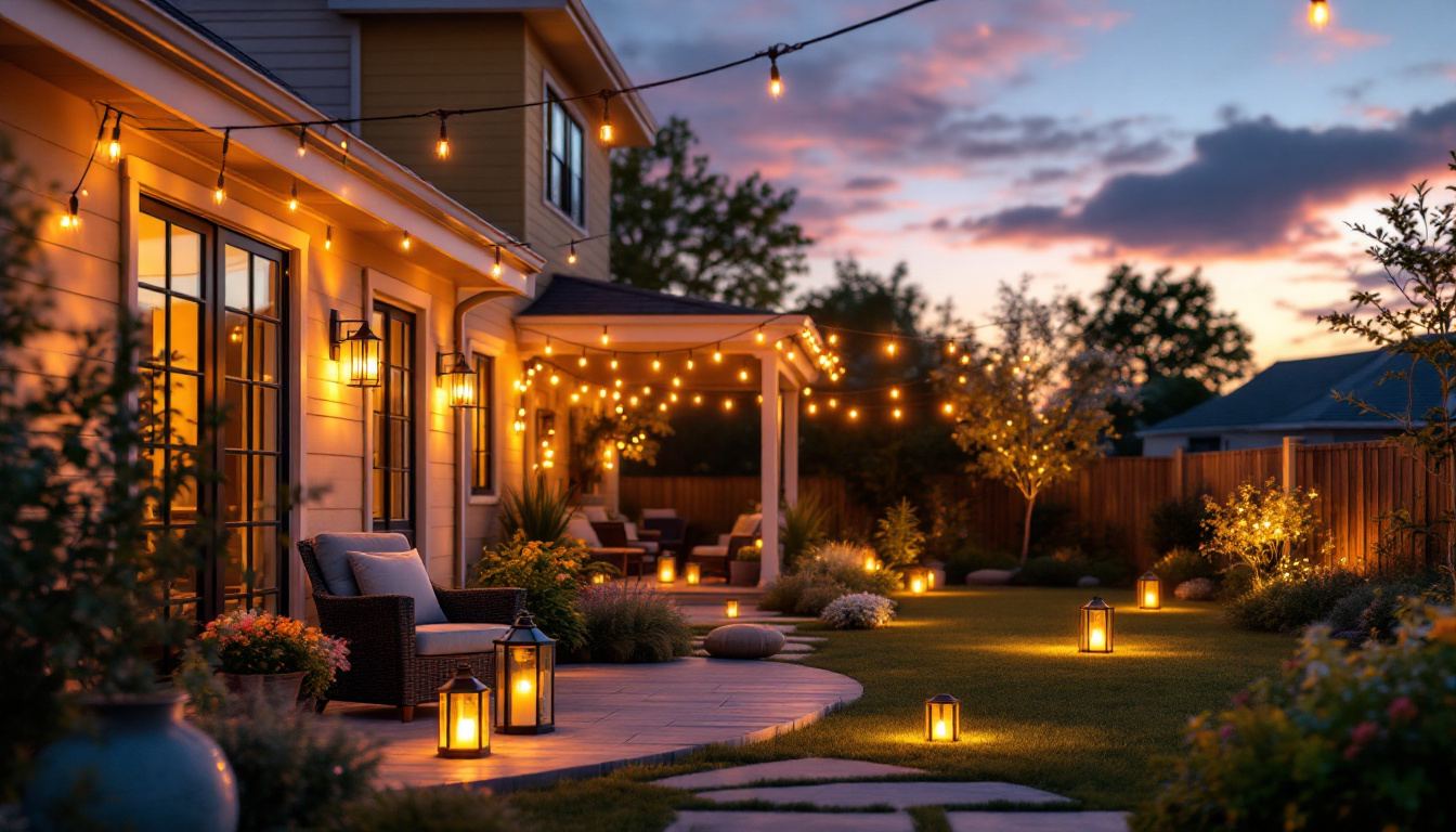 A photograph of a beautifully lit backyard scene during the golden hour