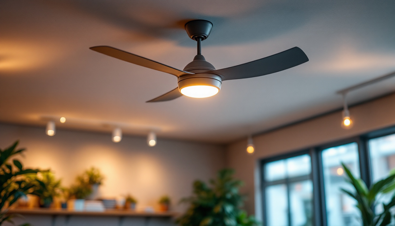 A photograph of a stylish commercial ceiling fan installed in a well-lit space