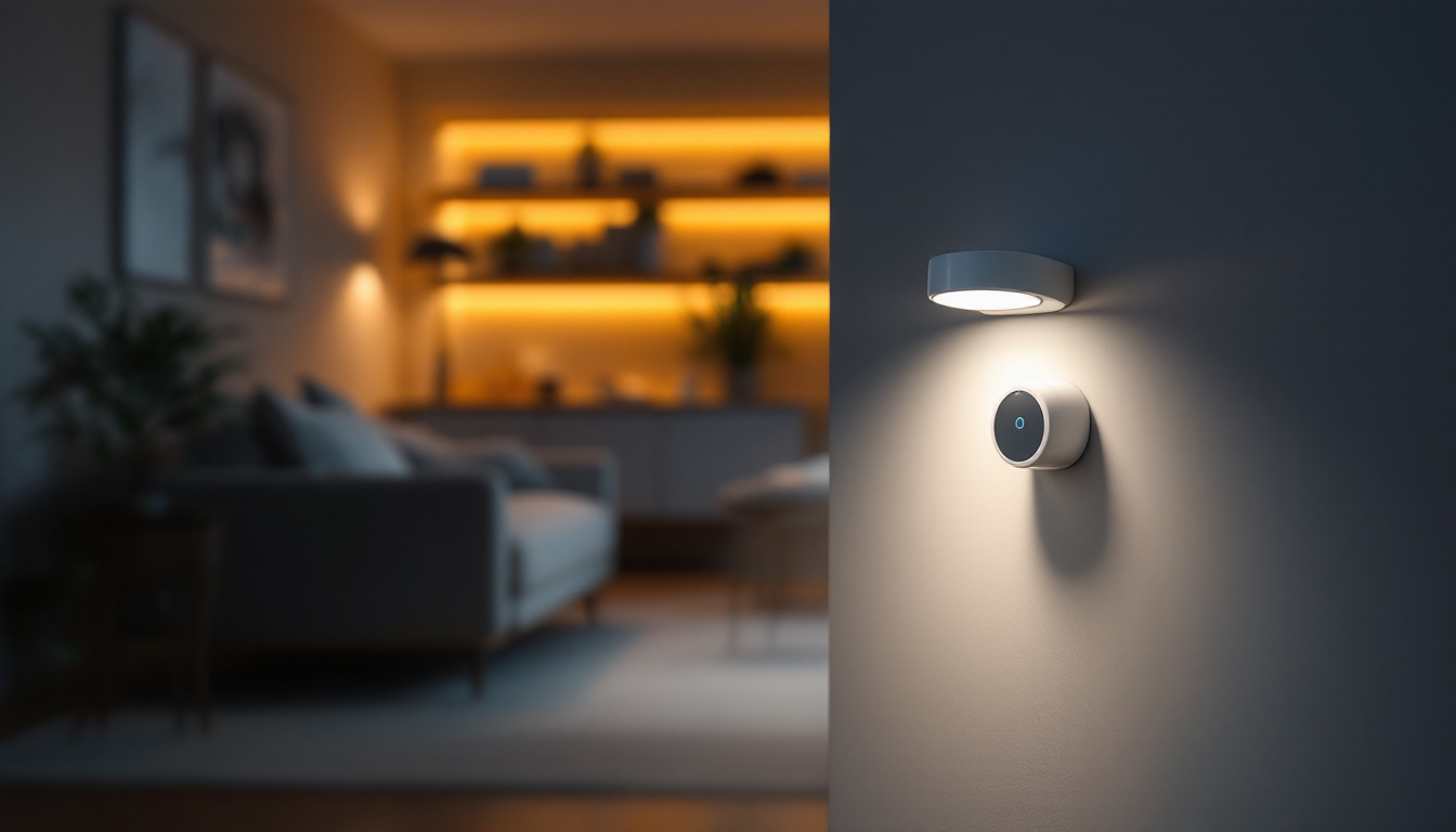 A photograph of a stylishly designed indoor space featuring motion sensor lights in action