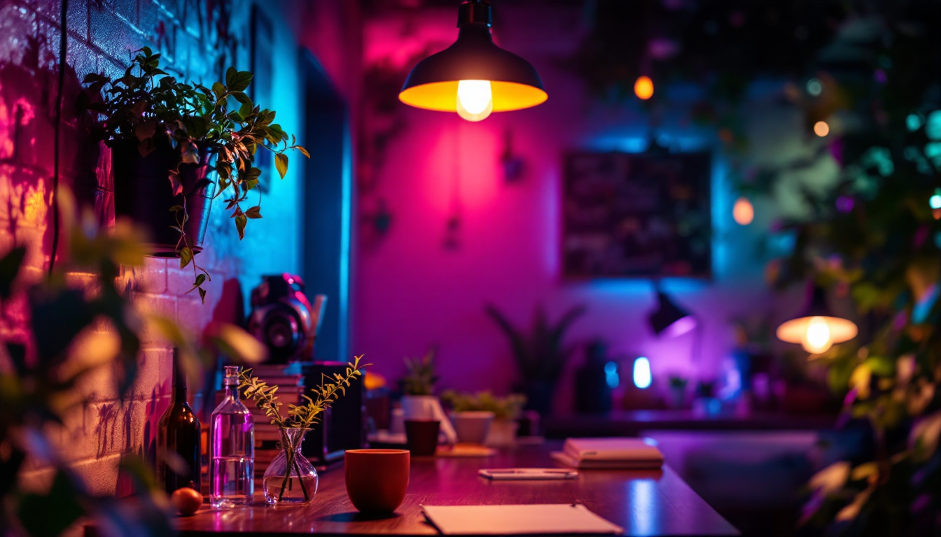 A photograph of a vibrant indoor scene illuminated by metal halide bulbs