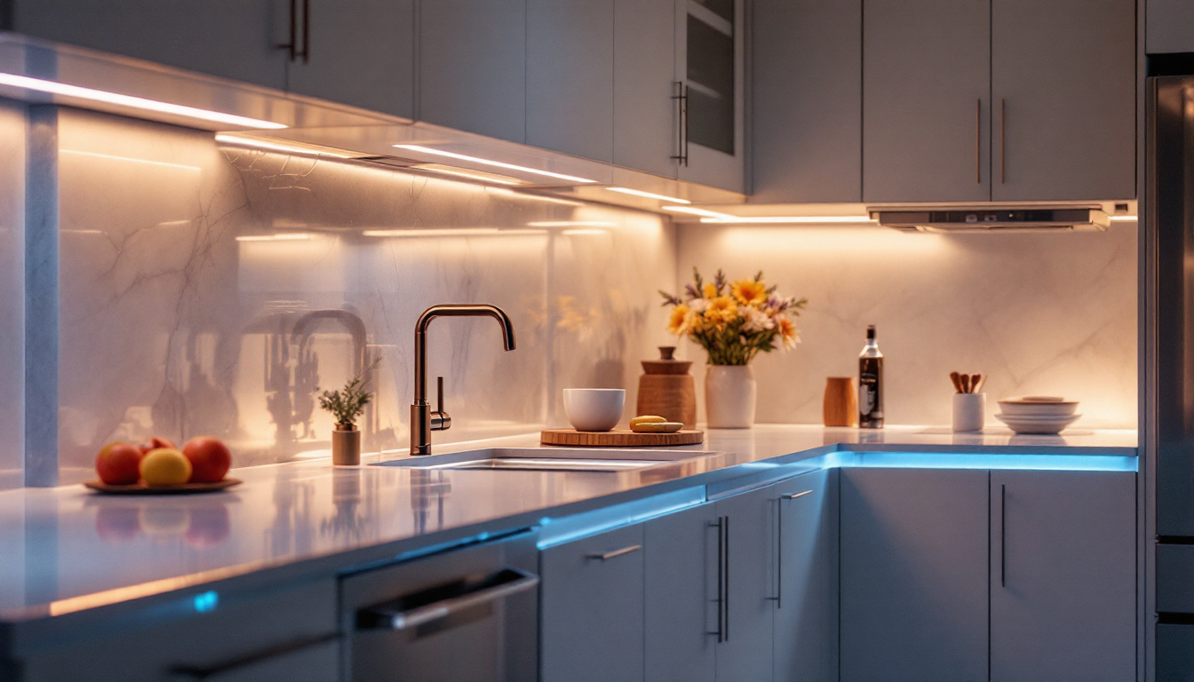A photograph of a beautifully illuminated kitchen with led under cabinet lights highlighting the countertops