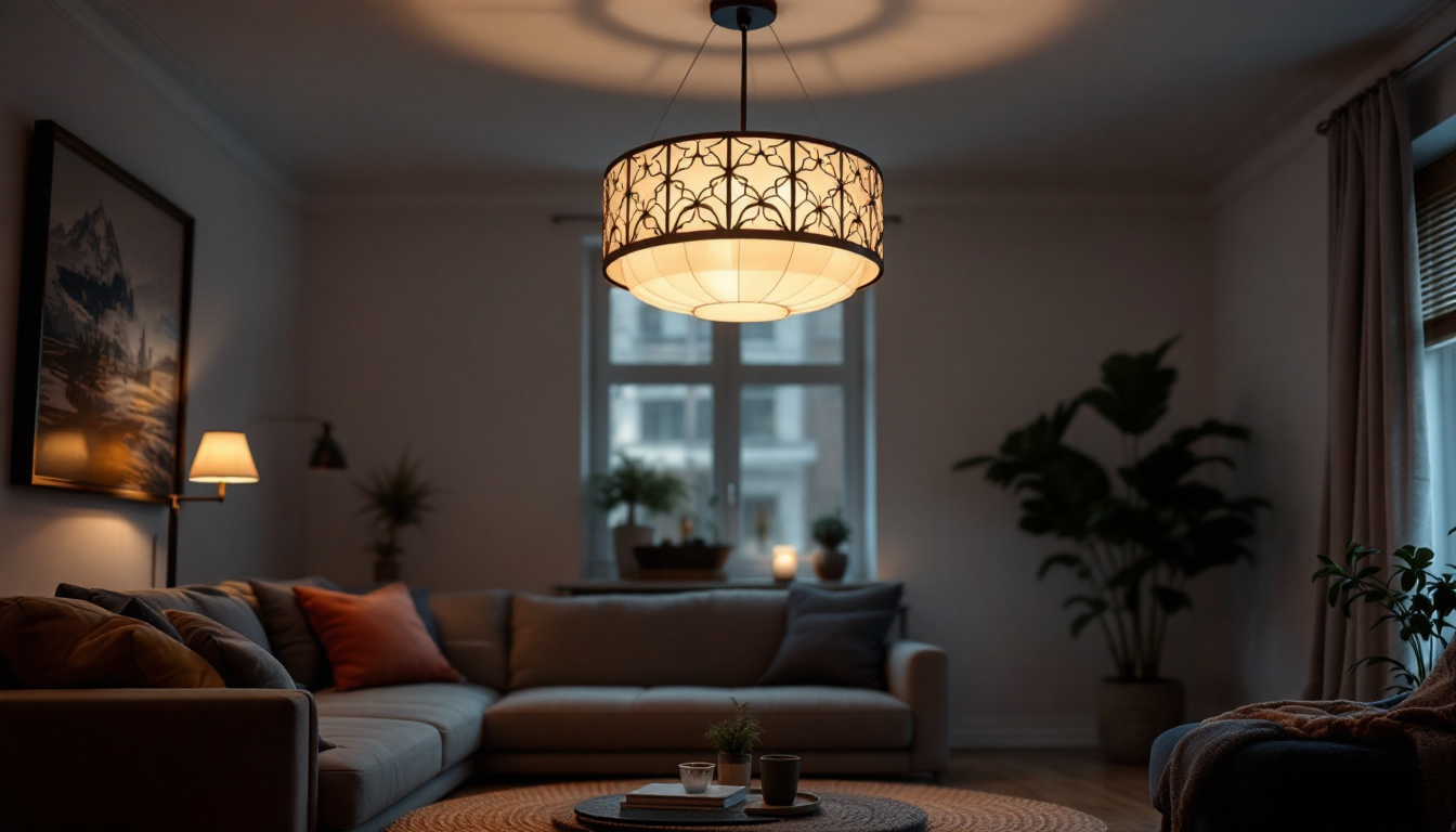 A photograph of a beautifully designed ceiling lamp illuminating a cozy