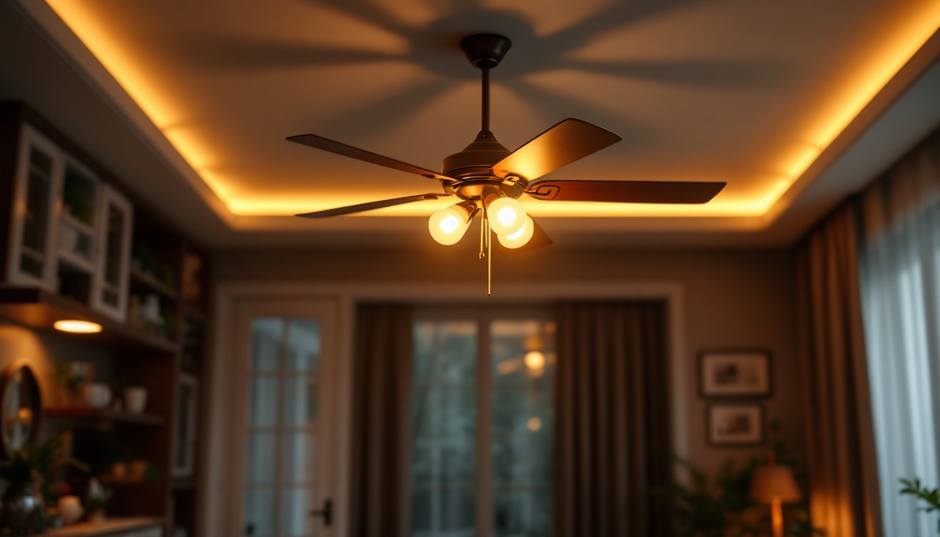 A photograph of a stylish ceiling fan light fixture elegantly illuminated in a well-decorated room
