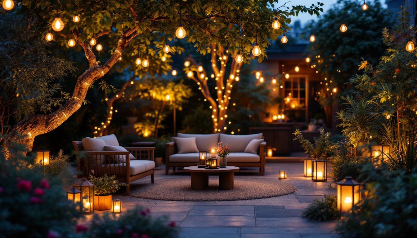 A photograph of a beautifully arranged outdoor space illuminated by various decorative lights