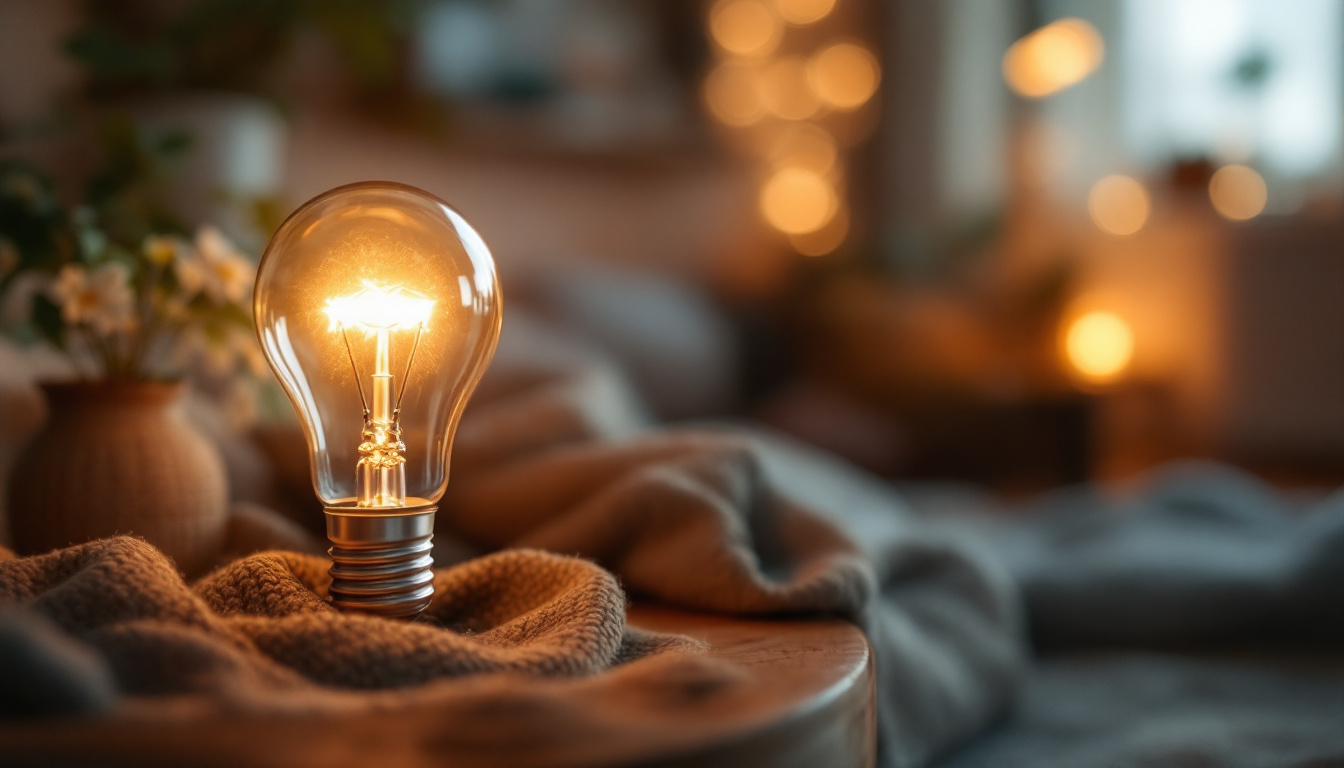 A photograph of a type a bulb illuminated in a cozy indoor setting