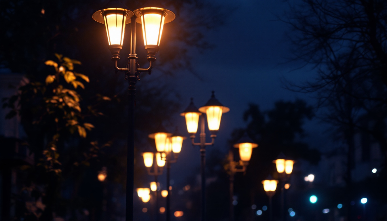 A photograph of a vibrant night scene featuring a row of illuminated led street lamps casting a warm glow on a quiet urban street
