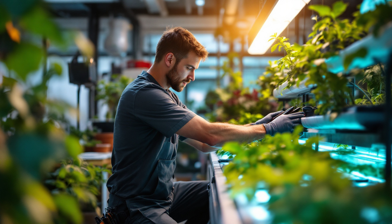 A photograph of a skilled technician carefully installing a hydrofarm system in a well-lit indoor garden